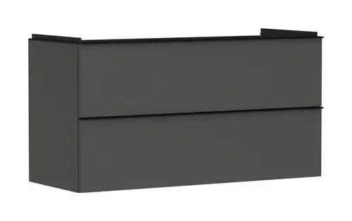 Waschtischunterschrank in diamantgrau matt mit zwei Schubkästen von Hansgrohe, geeignet für einen Waschtisch. Vorderansicht des Möbelstücks gezeigt.